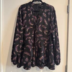 Lane Bryant Peplum Top Black Purple Feather Back Zip Lace Up Long Sleeve Sz 22